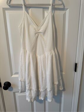 aerie White Ribbed Tiered Spaghetti-Strap Dress